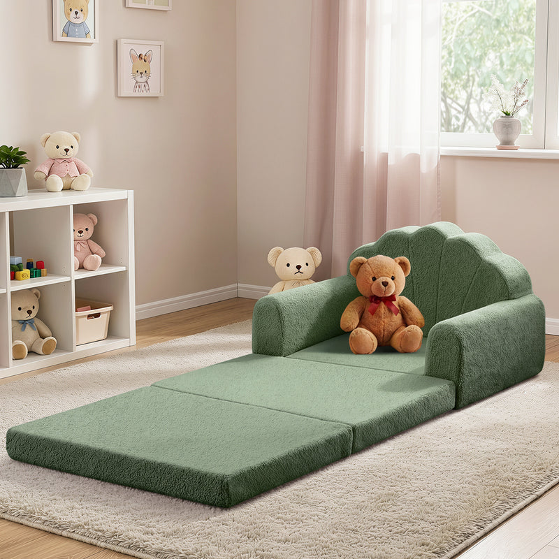 Oikiture Shell Kids Fold Out Sofa & Bed Sherpa Boucle Green