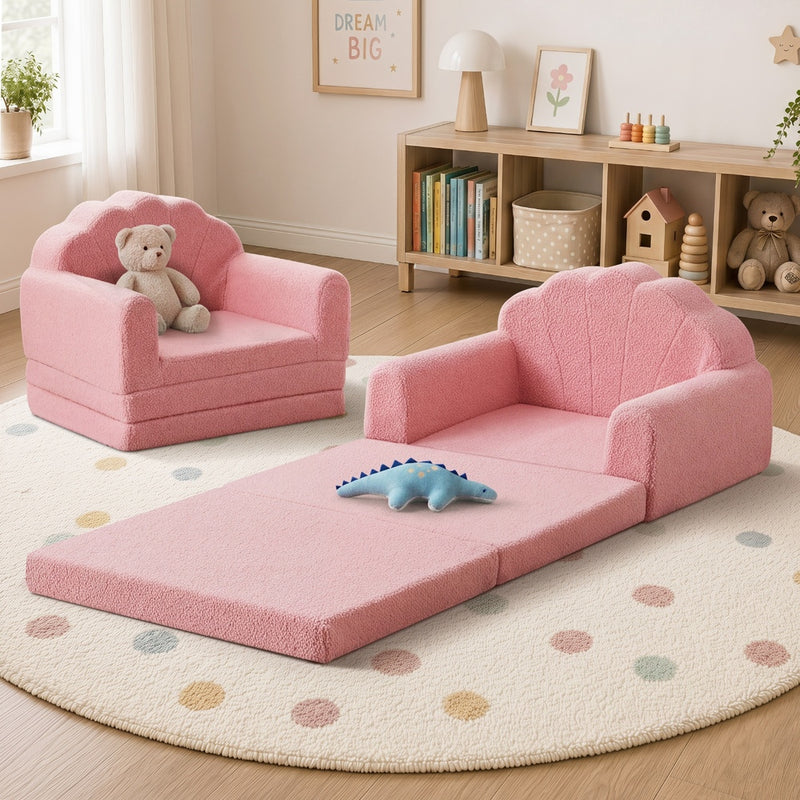 Oikiture Shell Kids Fold Out Sofa & Bed Sherpa Boucle Pink