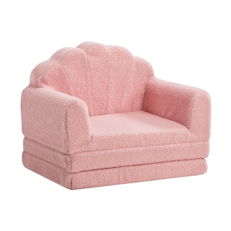 Oikiture Shell Kids Fold Out Sofa & Bed Sherpa Boucle Pink