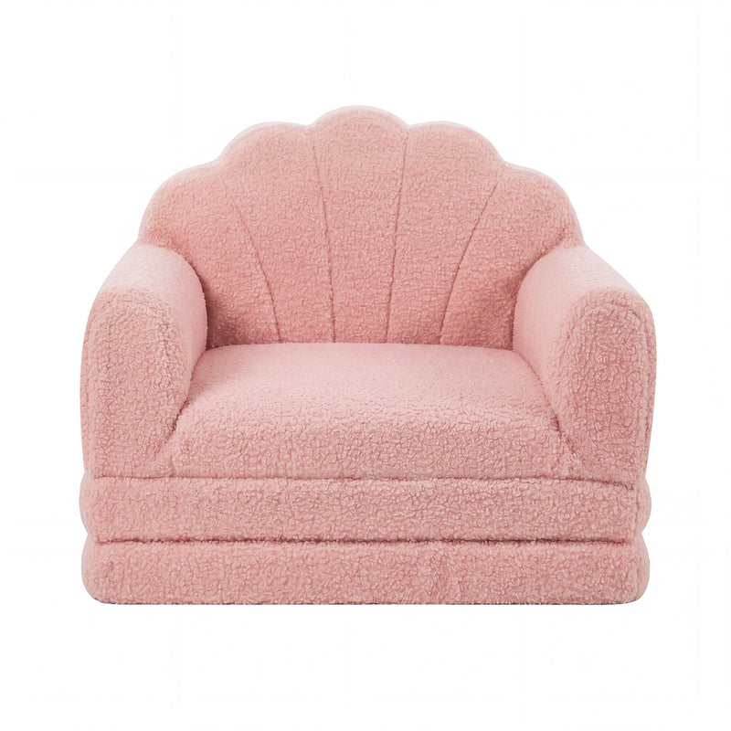 Oikiture Shell Kids Fold Out Sofa & Bed Sherpa Boucle Pink
