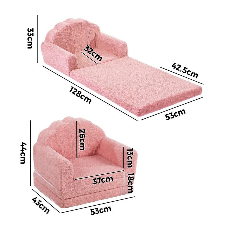 Oikiture Shell Kids Fold Out Sofa & Bed Sherpa Boucle Pink