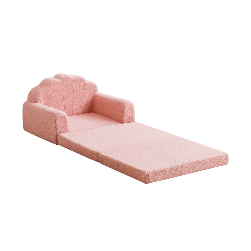 Oikiture Shell Kids Fold Out Sofa & Bed Sherpa Boucle Pink