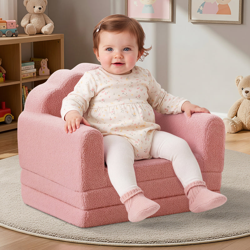 Oikiture Shell Kids Fold Out Sofa & Bed Sherpa Boucle Pink