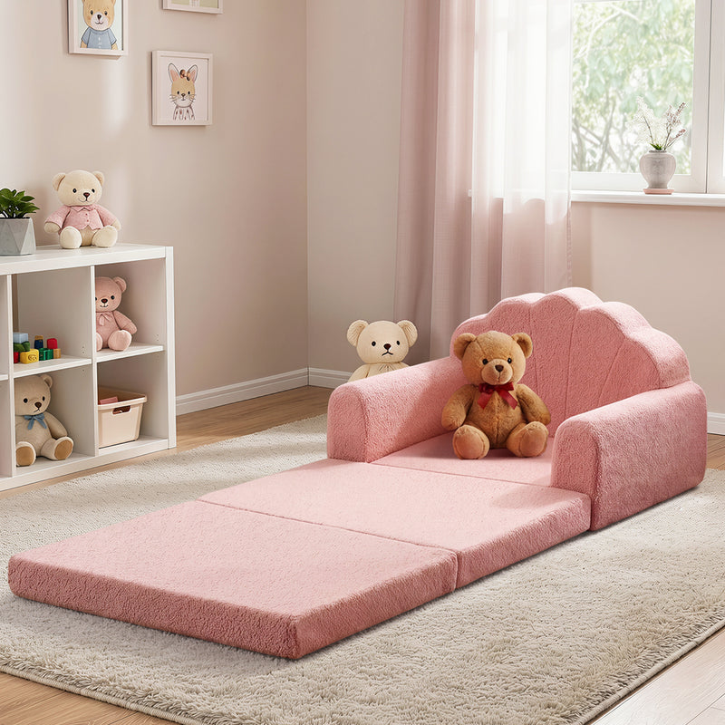 Oikiture Shell Kids Fold Out Sofa & Bed Sherpa Boucle Pink