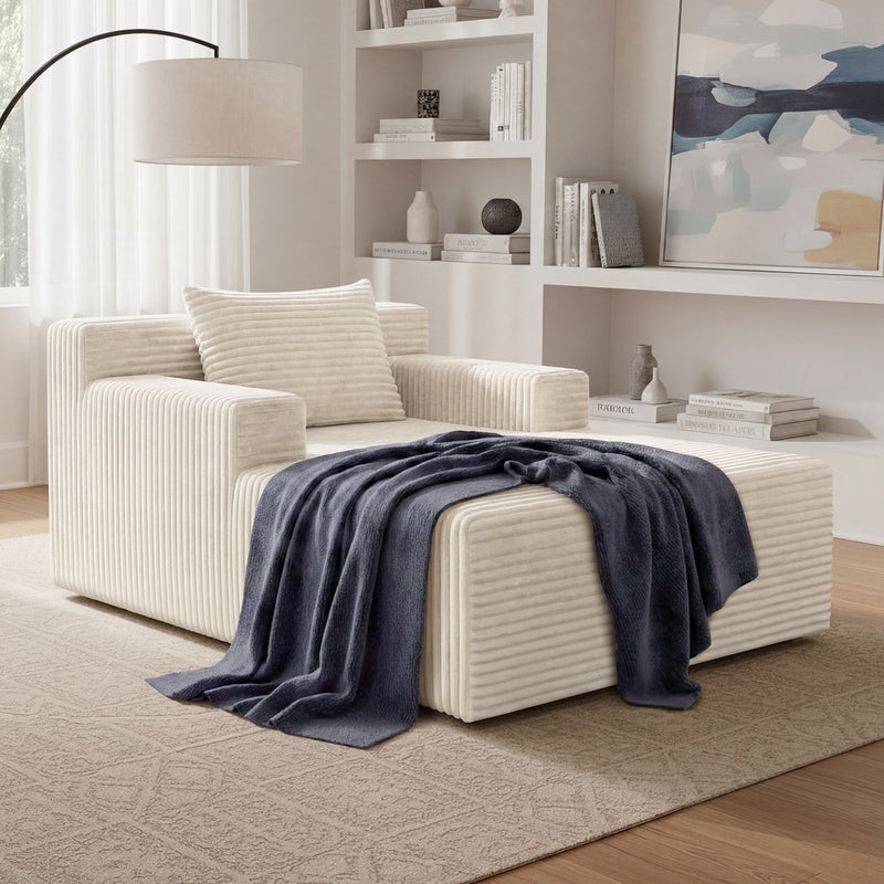 Oikiture Chaise Chair Corduroy Single Sofa Couch Beige