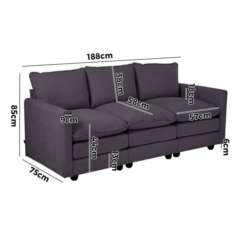 Oikiture 3 Seater Sofa Couch Lounge Thick Cushion Futon Corduroy Grey
