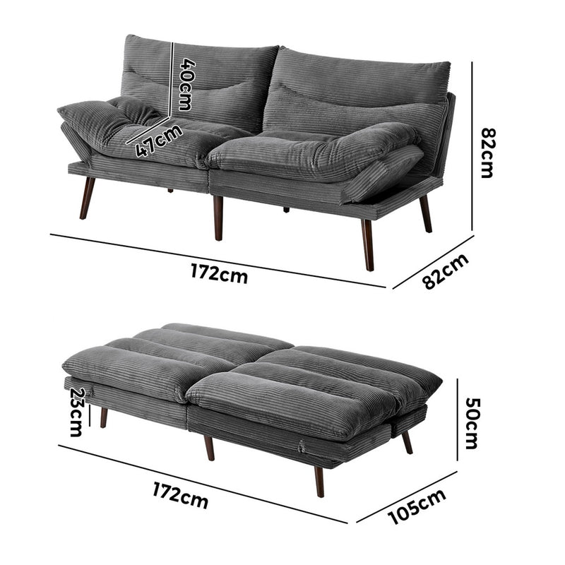 Oikiture 3 Seater Sofa Bed Recliner Convertible Corduroy Grey