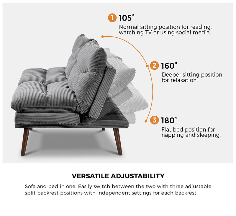 Oikiture 3 Seater Sofa Bed Recliner Convertible Corduroy Grey