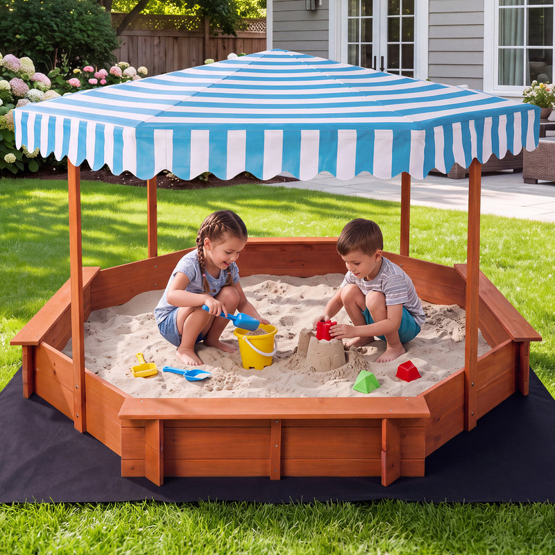 Mazam 210cm Kids Octagonal Wooden Sandpit UV Canopy Seats Bottom Liner