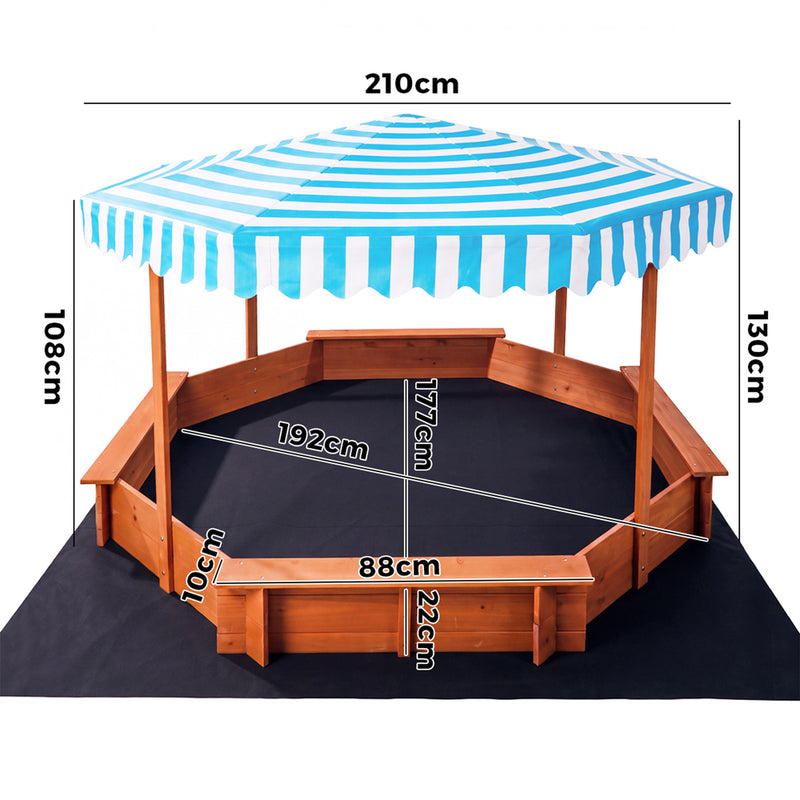 Mazam 210cm Kids Octagonal Wooden Sandpit UV Canopy Seats Bottom Liner