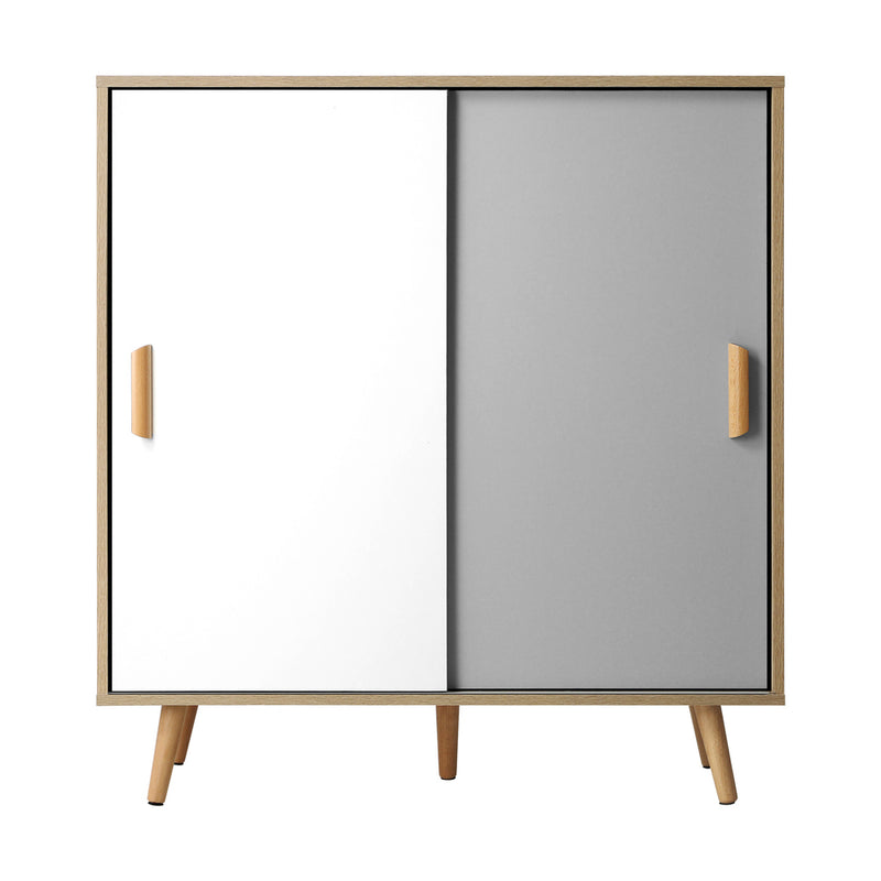 Oikiture Shoe Cabinet Adjustable Shelves Sliding Doors White&Wood