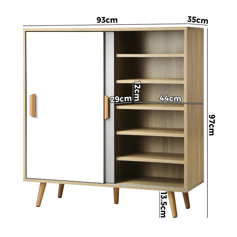 Oikiture Shoe Cabinet Adjustable Shelves Sliding Doors White&Wood
