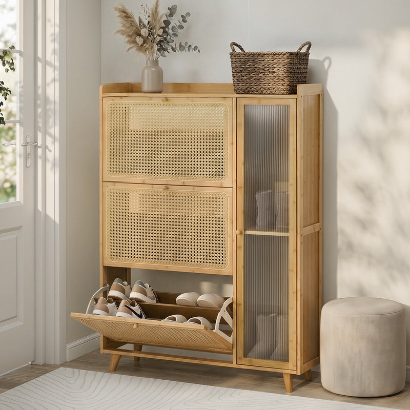 Oikiture Bamboo Shoe Storage Cabinet 3 Compartments Natural