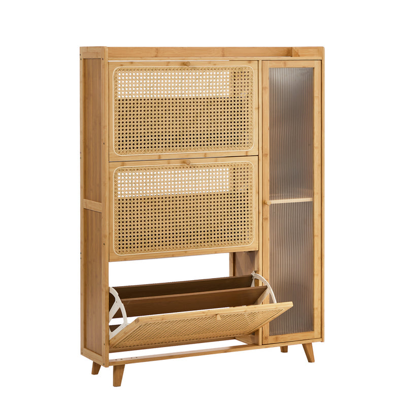 Oikiture Bamboo Shoe Storage Cabinet 3 Compartments Natural