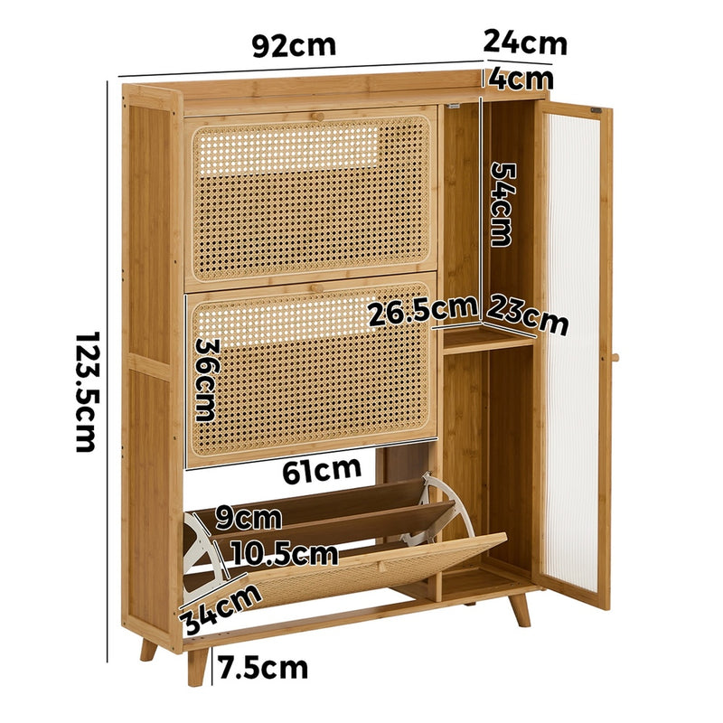 Oikiture Bamboo Shoe Storage Cabinet 3 Compartments Natural