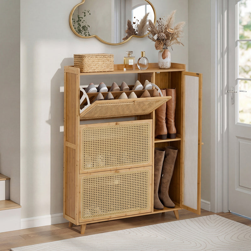Oikiture Bamboo Shoe Storage Cabinet 3 Compartments Natural