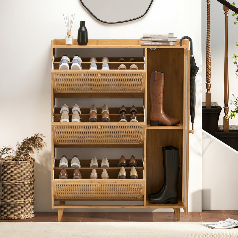 Oikiture Bamboo Shoe Storage Cabinet 3 Compartments Natural