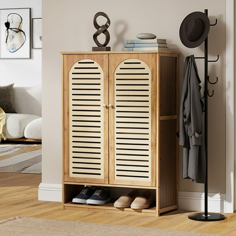 Oikiture Shoe Storage Cabinet 2 Doors Bamboo Shoe Shelf Beige