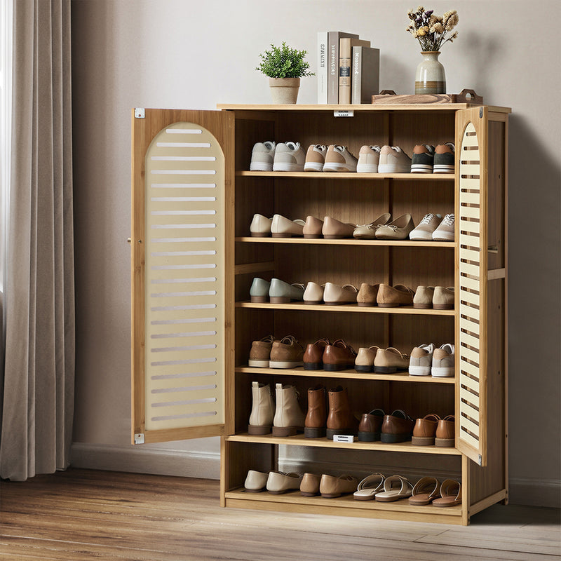 Oikiture Shoe Storage Cabinet 2 Doors Bamboo Shoe Shelf Beige