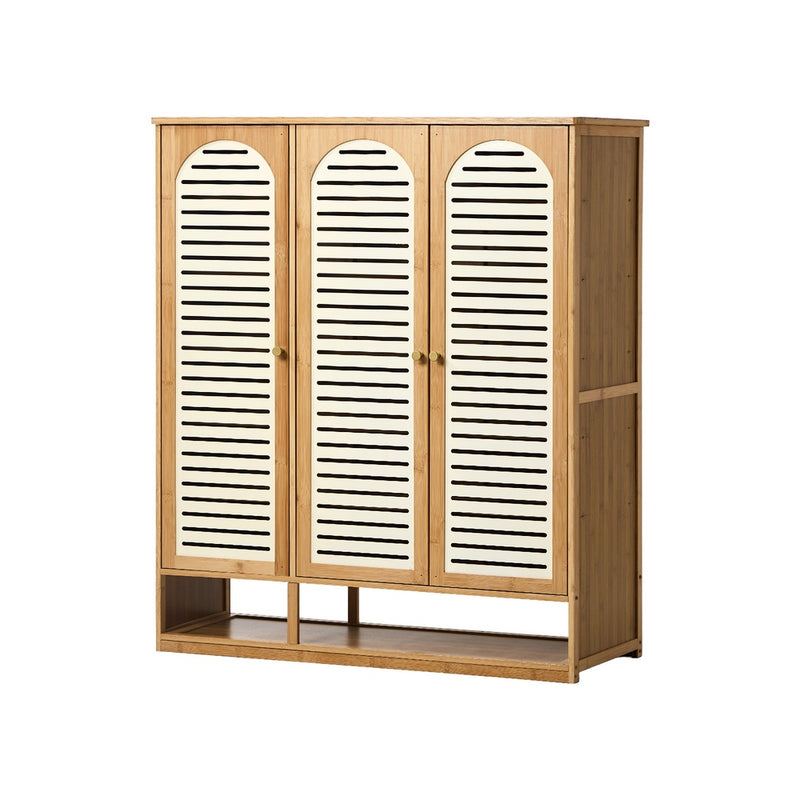 Oikiture Shoe Storage Cabinet 3 Doors Bamboo Shoe Shelf Beige