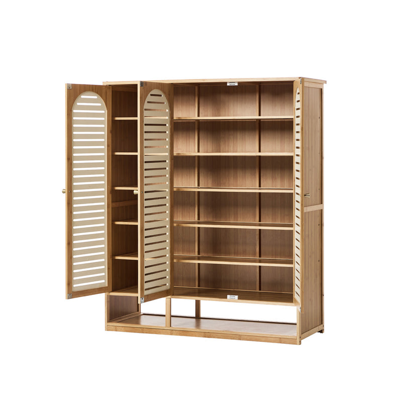Oikiture Shoe Storage Cabinet 3 Doors Bamboo Shoe Shelf Beige
