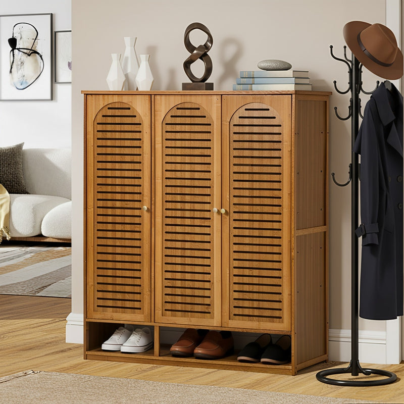 Oikiture Shoe Storage Cabinet 3 Doors Bamboo Shoe Shelf Brown