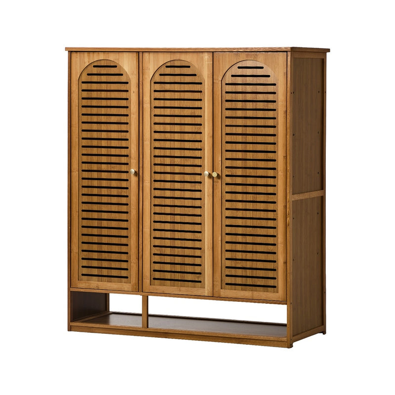 Oikiture Shoe Storage Cabinet 3 Doors Bamboo Shoe Shelf Brown