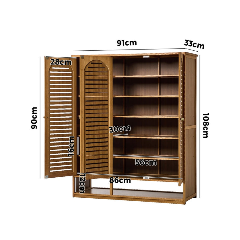 Oikiture Shoe Storage Cabinet 3 Doors Bamboo Shoe Shelf Brown