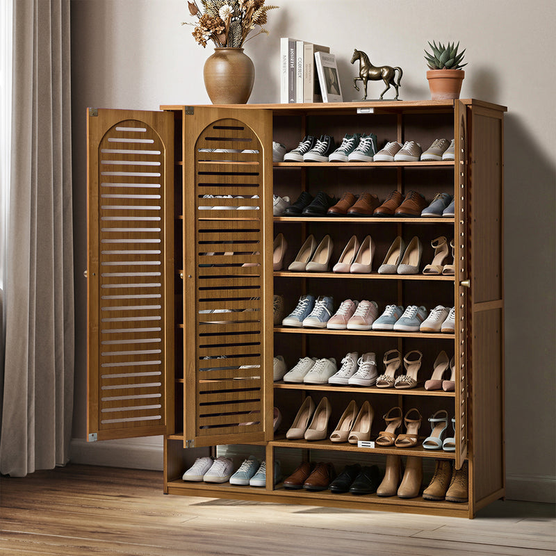 Oikiture Shoe Storage Cabinet 3 Doors Bamboo Shoe Shelf Brown
