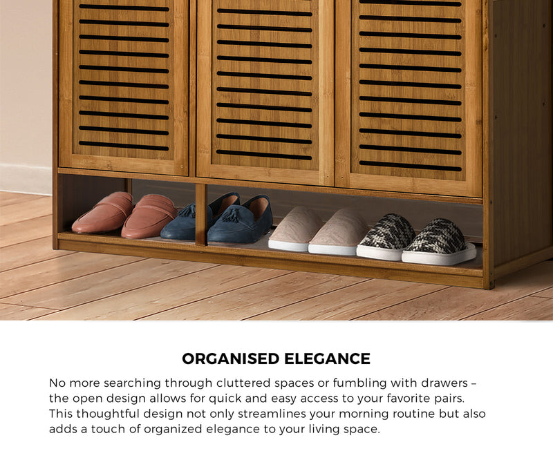 Oikiture Shoe Storage Cabinet 3 Doors Bamboo Shoe Shelf Brown