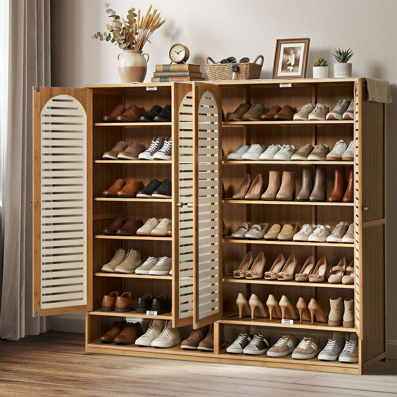 Oikiture Shoe Storage Cabinet 4 Doors Bamboo Shoe Shelf Beige