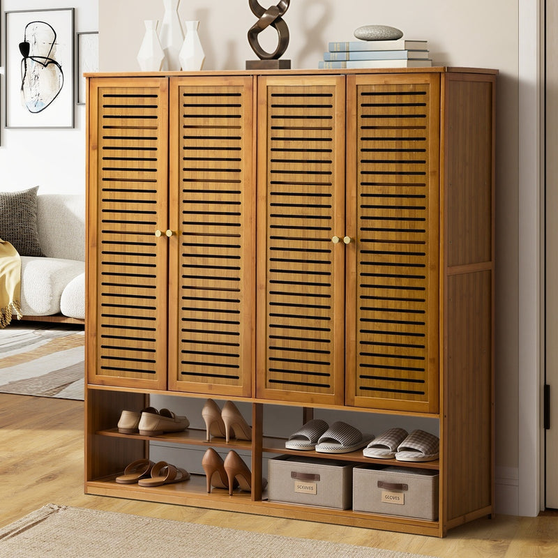 Oikiture Shoe Storage 4 Doors with 2 Bottom Shelf Brown