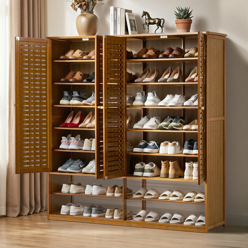 Oikiture Shoe Storage 4 Doors with 2 Bottom Shelf Brown