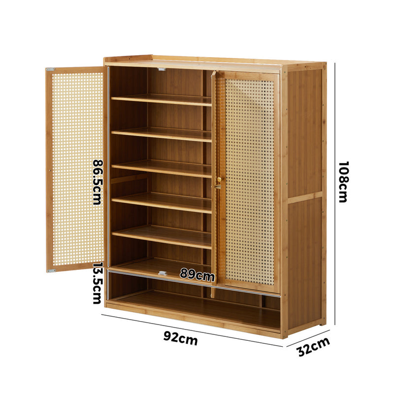 Oikiture Shoe Cabinet with 3 Rattan Doors 6 Shelves