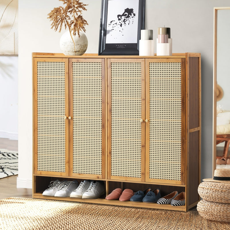 Oikiture Shoe Storage Cabinet 4 Doors Rattan Brown