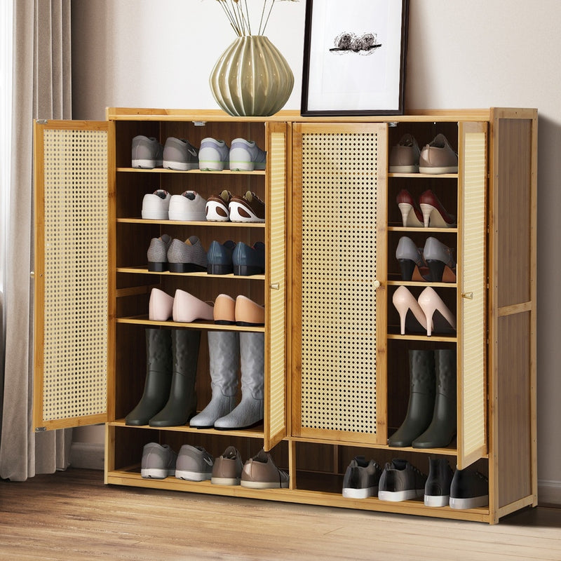 Oikiture Shoe Storage Cabinet 4 Doors Rattan Brown