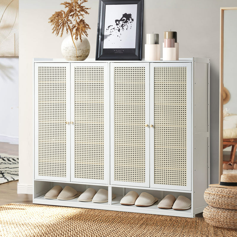 Oikiture Shoe Rack Storage Cabinet Organiser 4 Doors Rattan White