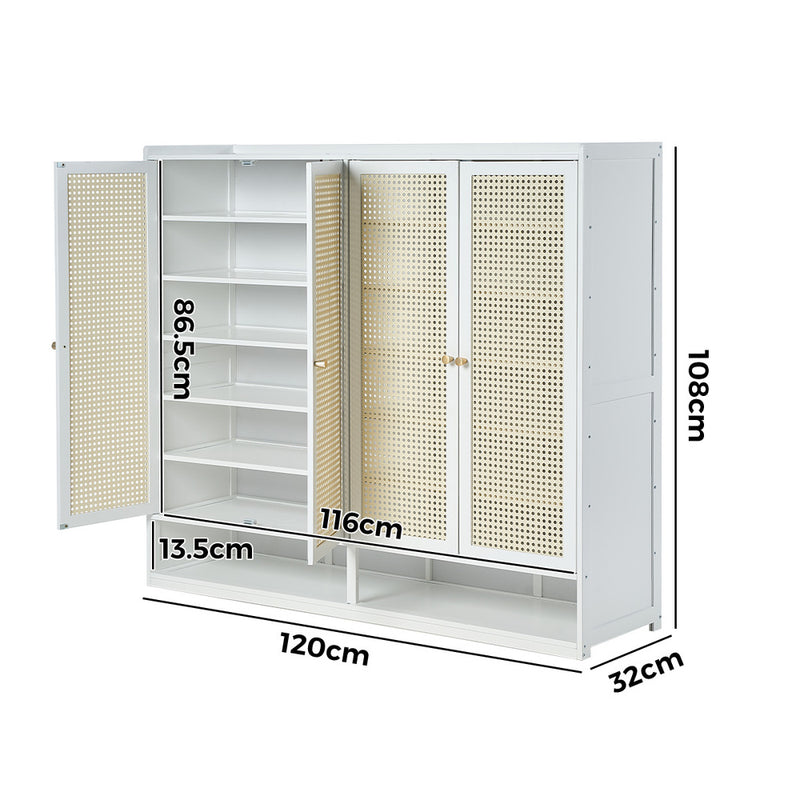 Oikiture Shoe Rack Storage Cabinet Organiser 4 Doors Rattan White