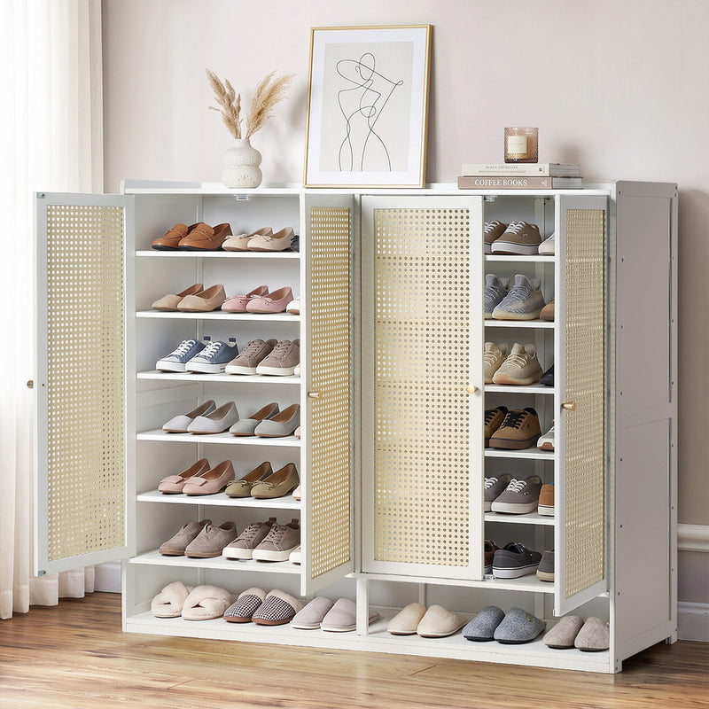 Oikiture Shoe Rack Storage Cabinet Organiser 4 Doors Rattan White
