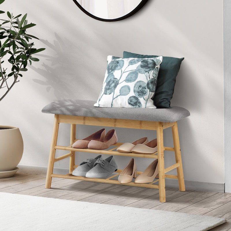 Oikiture Shoe Storage Bench Bamboo Rack Shelf Organiser Stool 70cm