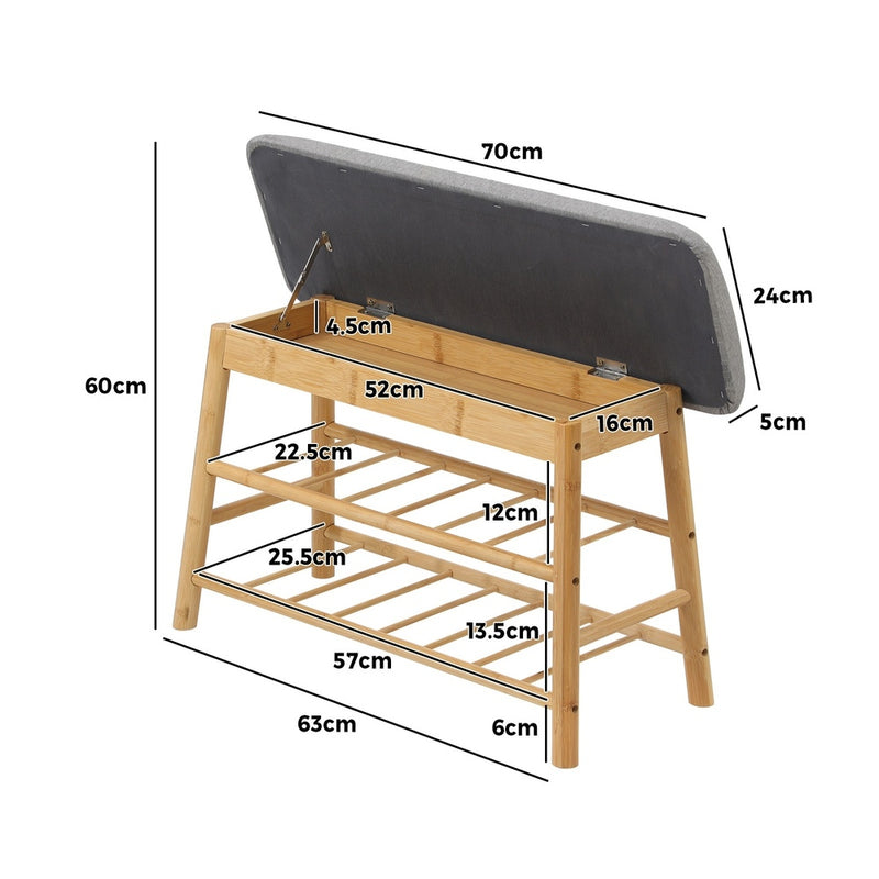 Oikiture Shoe Storage Bench Bamboo Rack Shelf Organiser Stool 70cm