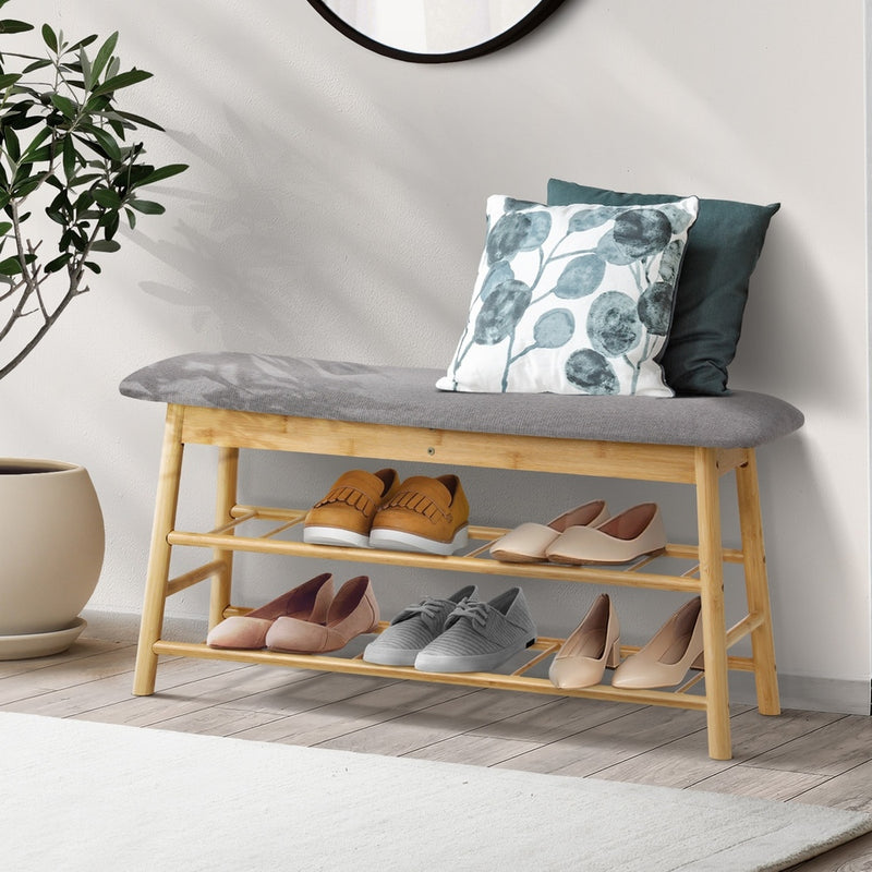 Oikiture Shoe Storage Bench Bamboo Rack Shelf Organiser Stool 90cm