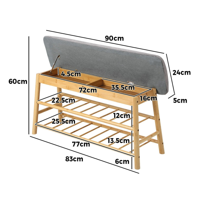 Oikiture Shoe Storage Bench Bamboo Rack Shelf Organiser Stool 90cm
