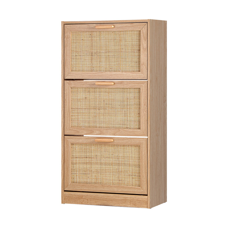 Oikiture Shoe Cabinet 3 Compartment with Rows Rattan Doors