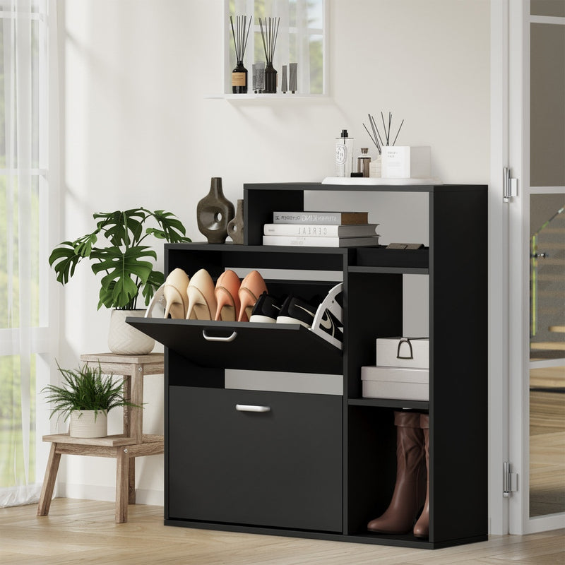 Oikiture Shoe Cabinet Storage 2 Doors with Display Shelves Black