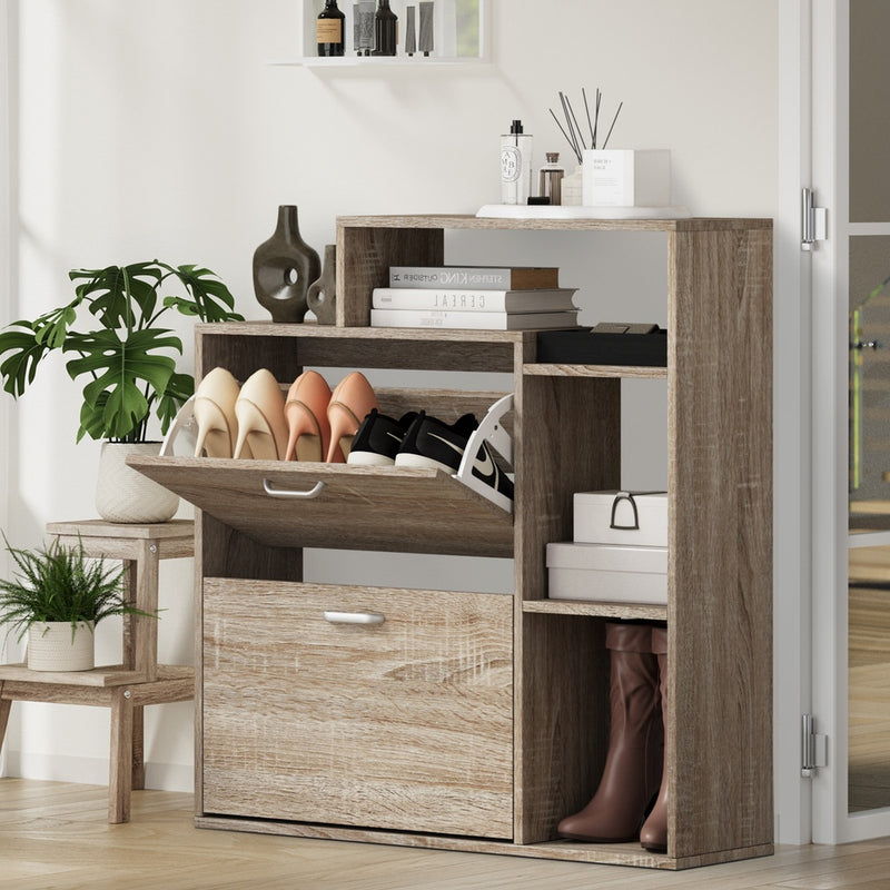 Oikiture Shoe Cabinet Storage 2 Doors with Display Shelves Wooden