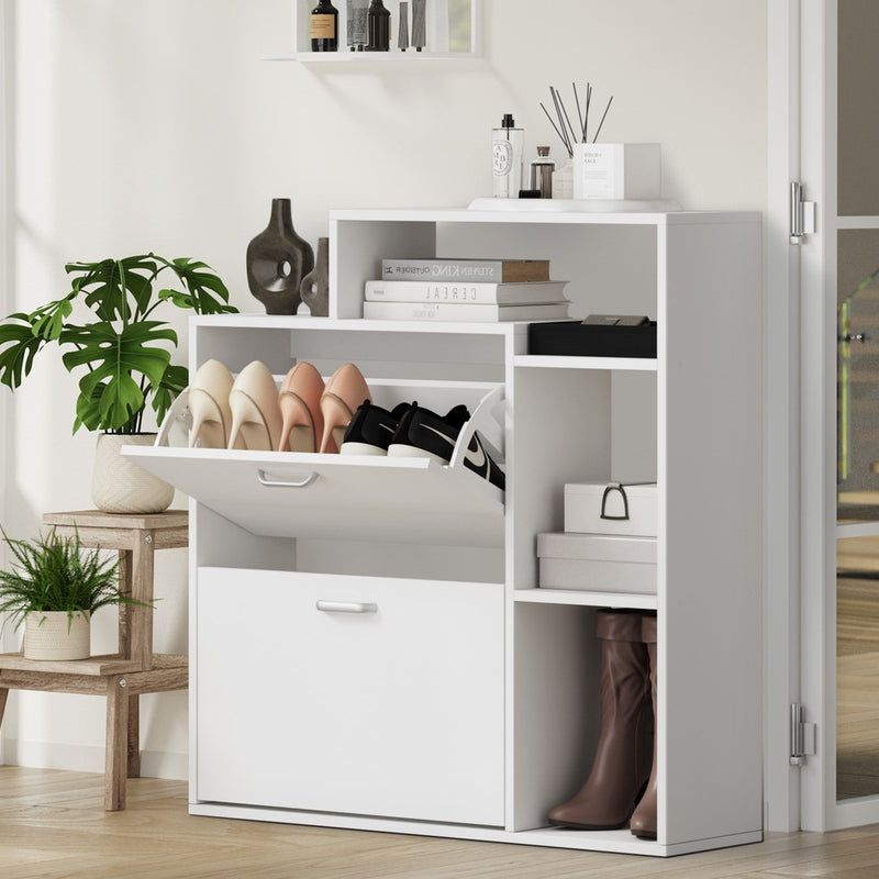 Oikiture Shoe Cabinet Storage 2 Doors with Display Shelves White