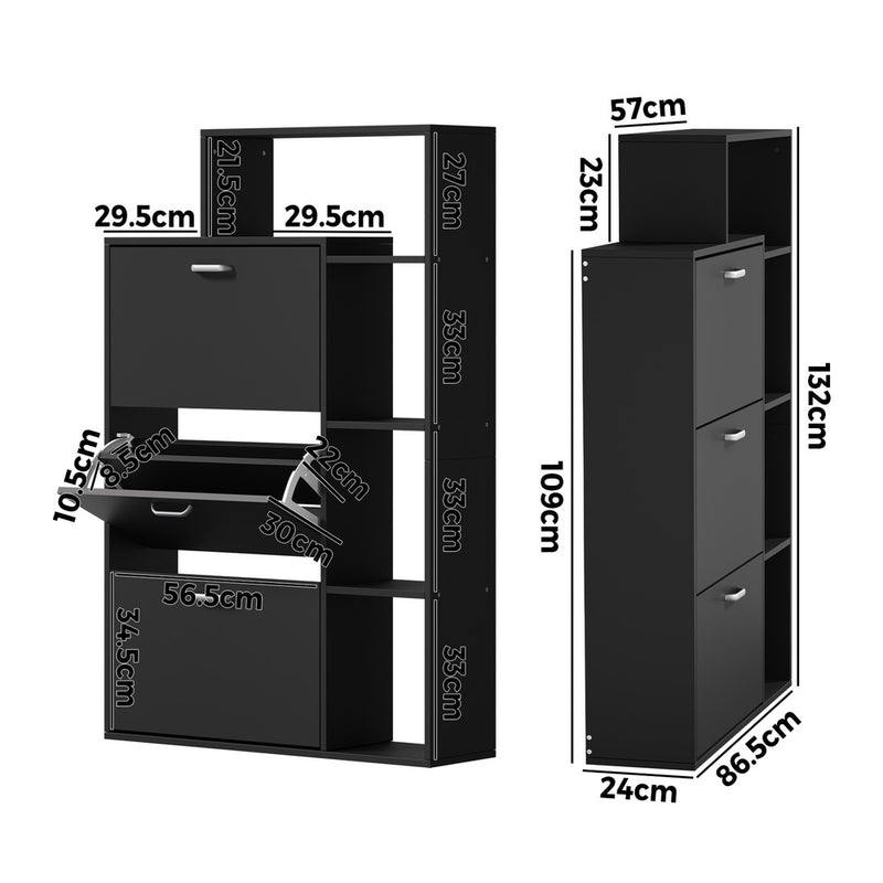 Oikiture Shoe Cabinet Storage 3 Doors with Display Shelves Black