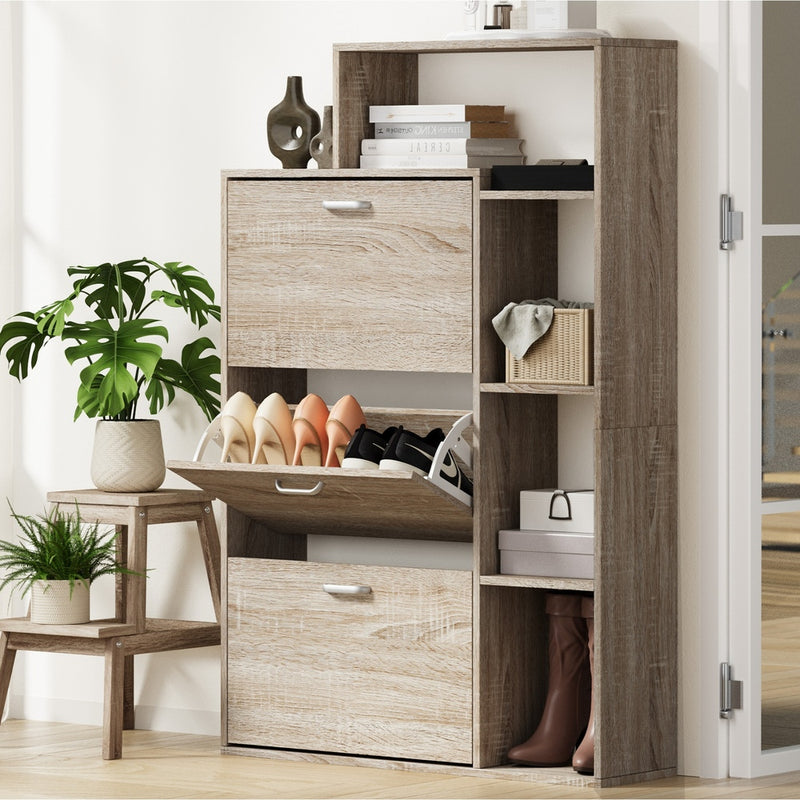Oikiture Shoe Cabinet Storage 3 Doors with Display Shelves Wooden
