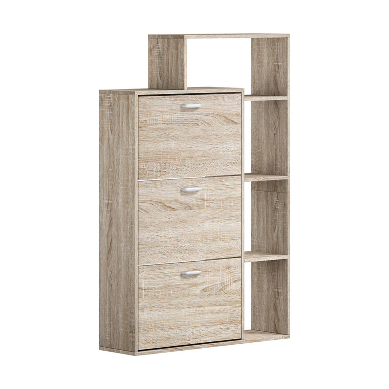 Oikiture Shoe Cabinet Storage 3 Doors with Display Shelves Wooden